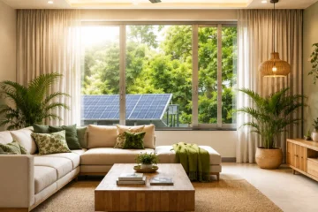 A living room designed with energy efficient home renovation ideas