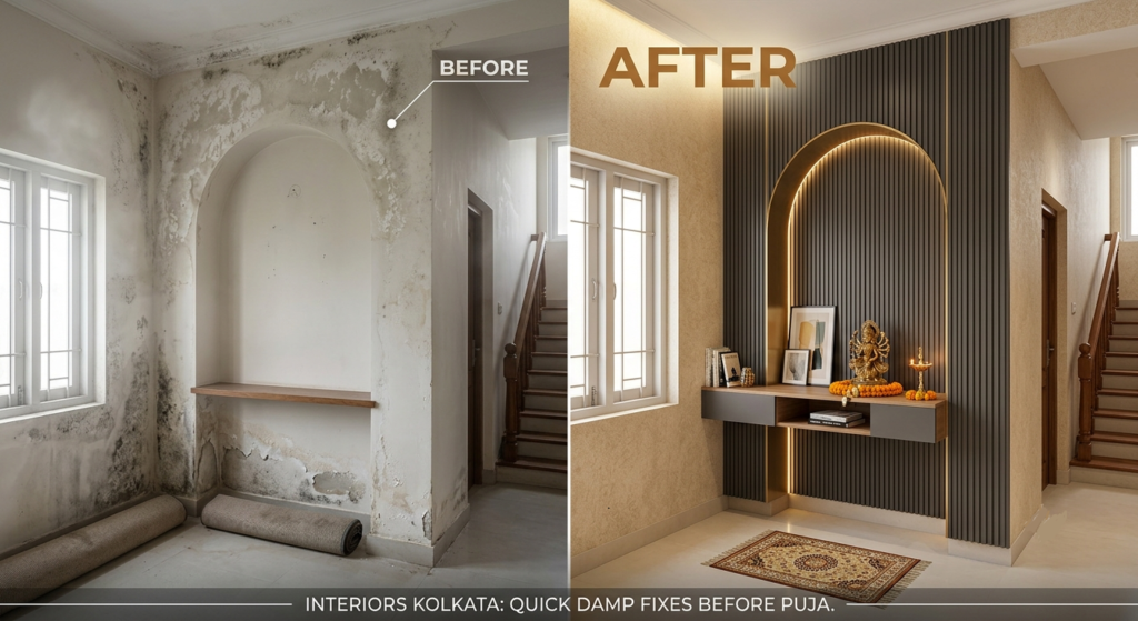 Before and after damp wall fix in Kolkata showing severe peeling paint transformed into a modern arched alcove with fluted paneling.