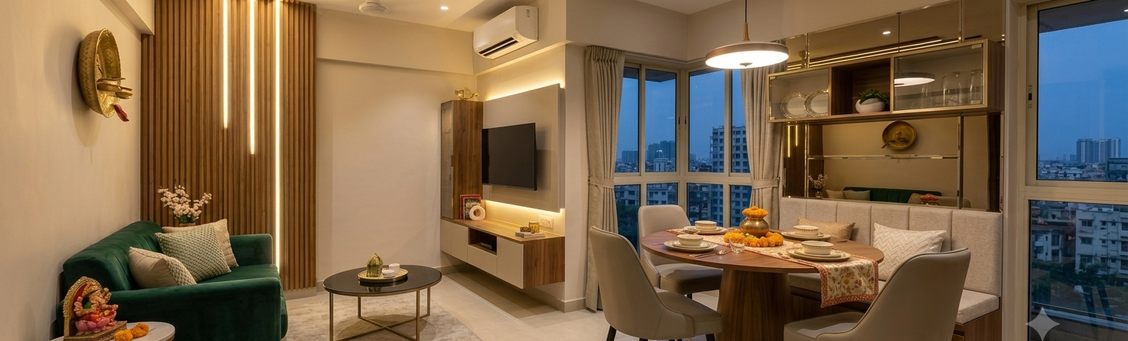 Modern open small living dining room design in a Kolkata flat with wood paneling, TV unit, round dining table, and built-in wall bench.