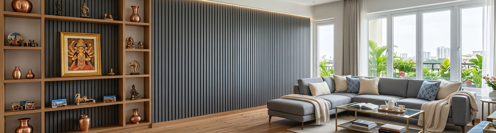 Modern Kolkata living room featuring fluted wall panels and moisture-proof interior design for damp walls before Durga Puja.
