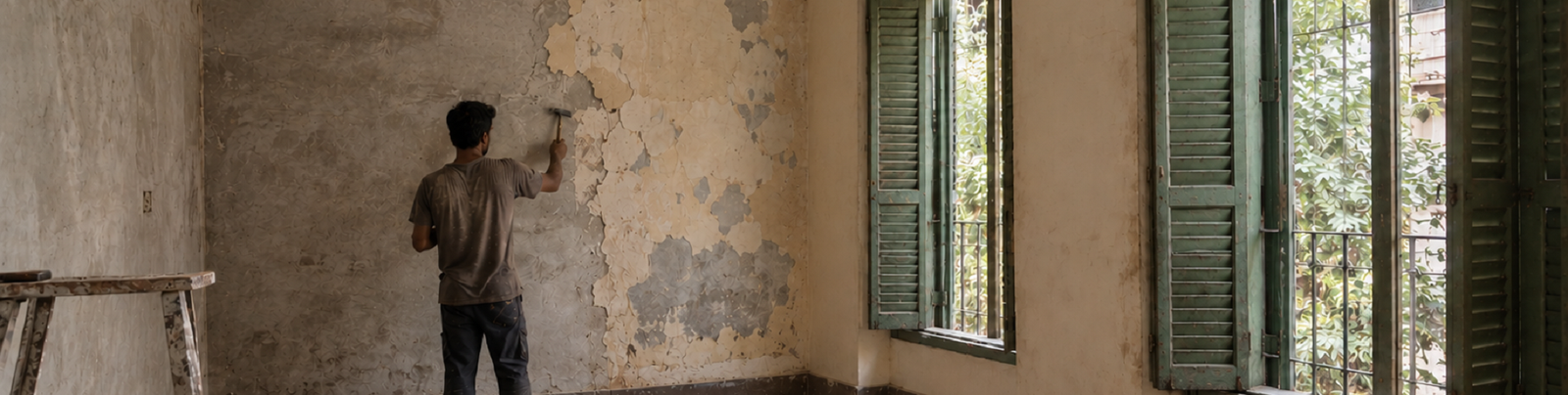 old flat renovation in Kolkata, with a damp wall being checked before interior work begins