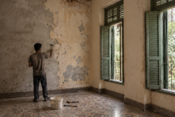 old flat renovation in Kolkata, with a damp wall being checked before interior work begins